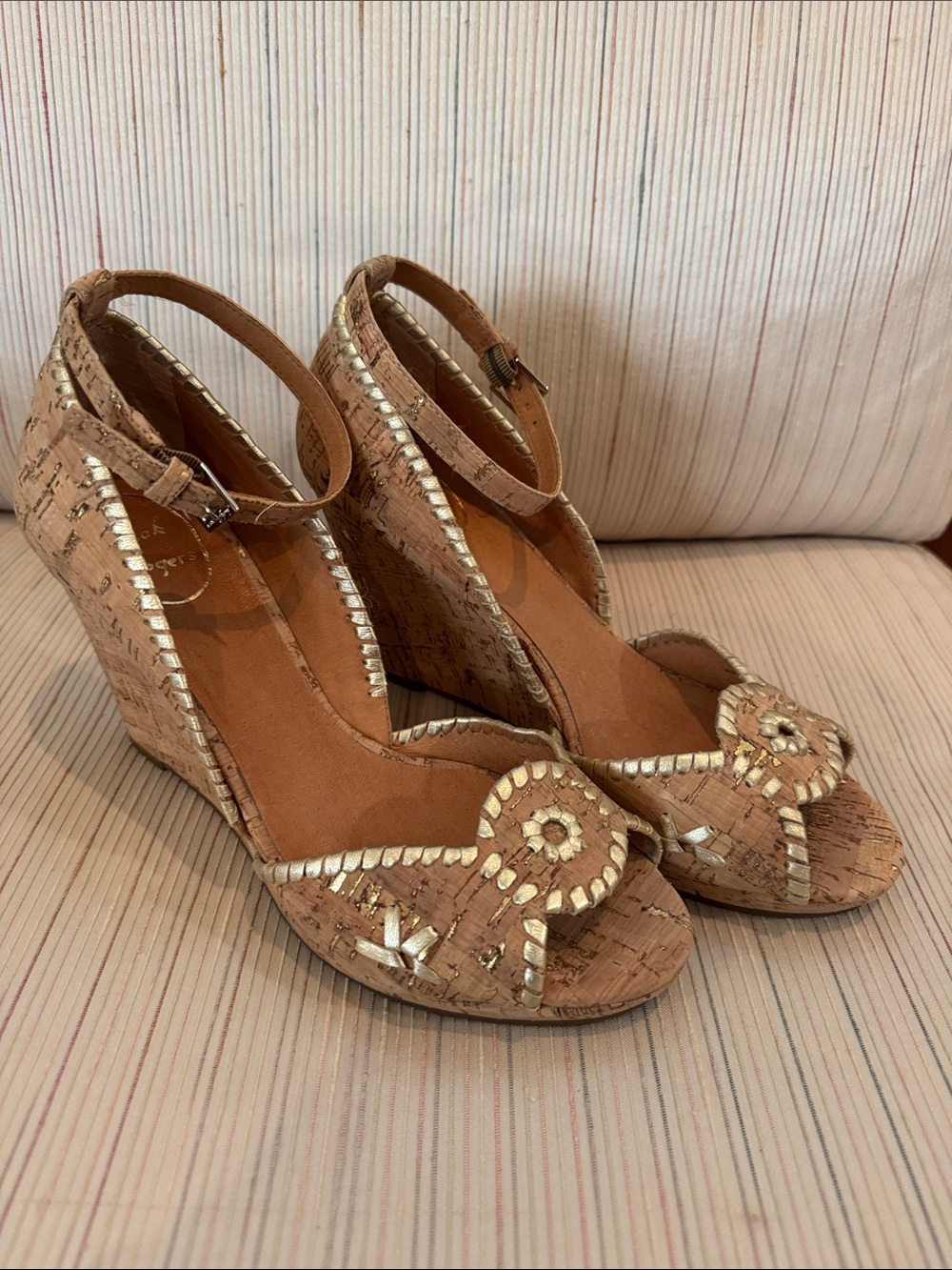 Jack Rogers 8-1/2 Wedge Cork Sandals with Gold Stitch Detail - Tan